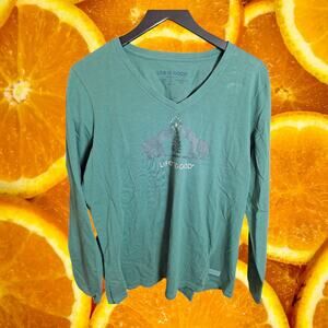 Life is Good Women's‎ Green Elephant Christmas Long Sleeve V-Neck Crusher-Tee